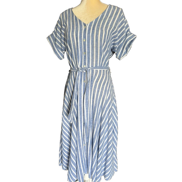 Chaps Blue & White Stripped Midi Shirt Dress Linen Blend Belted Full Circle L - Picture 6 of 11